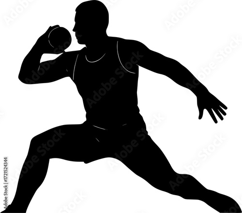 Black and white vector silhouette of shot putter holding shot near neck, minimalist athletic pose capturing focus, strength and preparation for creative sports design projects