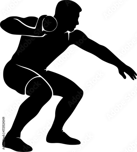 Black and white vector silhouette of shot putter with bent knees, minimalist athletic pose capturing balance, strength and motion for creative sports design projects