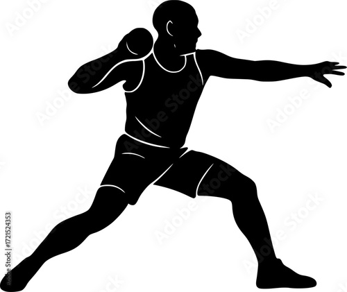 Black and white vector silhouette of shot putter winding up, dynamic minimalist pose capturing motion, strength and focus for creative sports design projects