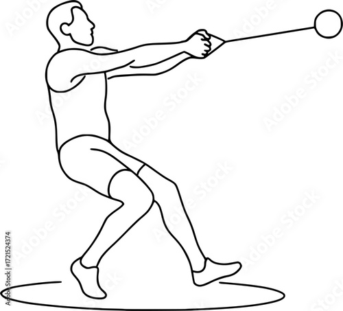 Minimal black and white linear drawing of hammer thrower pivoting feet, athletic pose capturing motion, balance and strength for creative sports design projects