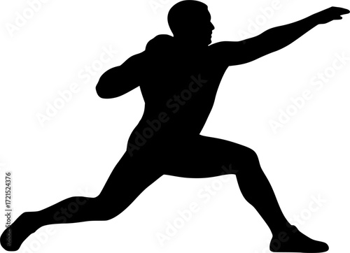Black and white vector silhouette of shot putter landing after throw, dynamic minimalist pose capturing motion, balance and strength for creative sports design projects