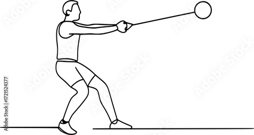 Minimal black and white linear drawing of hammer thrower pivoting feet, athletic pose capturing motion, balance and strength for creative sports design projects