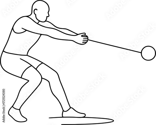 Minimal black and white linear drawing of hammer thrower pivoting feet, athletic pose capturing motion, balance and strength for creative sports design projects