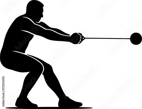 Minimalist black and white vector silhouette of hammer thrower leaning back in spin, dynamic athletic pose capturing motion, strength and balance for creative sports projects