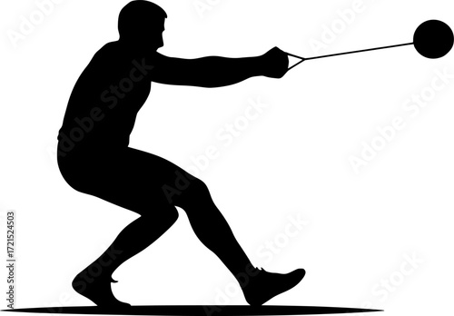 Black and white vector silhouette of hammer thrower leaning into spin, dynamic athletic pose capturing motion, strength and balance for creative sports design projects