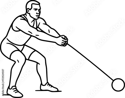 Black and white vector outline of hammer thrower watching trajectory, minimalist athletic pose capturing focus, motion and strength for creative sports design projects