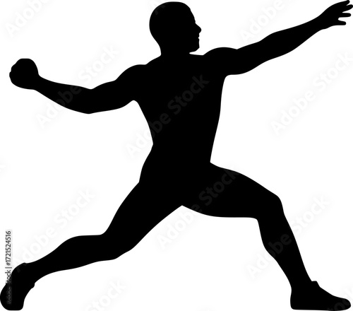 Black and white vector silhouette of grenade thrower stretching arm, dynamic athletic pose capturing motion, strength and focus for creative sports and military design projects