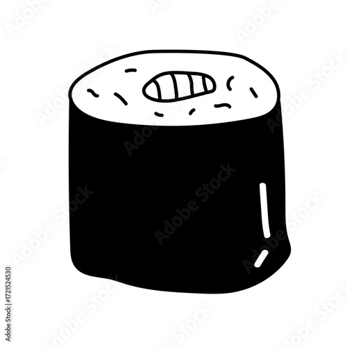 Stylized black and white doodle of a sushi roll with a simple filling, perfect for culinary themes and Japanese cuisine.