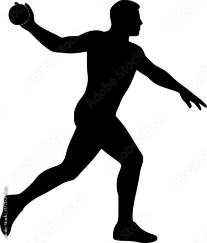 Black and white vector silhouette of grenade thrower in running approach, dynamic athletic pose capturing motion, speed and strength for creative sports and military design projects