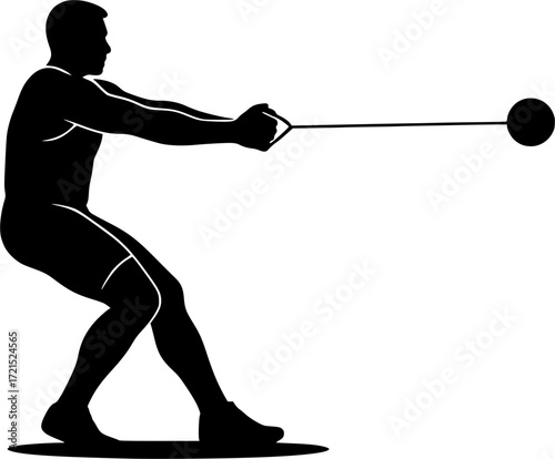Black and white vector silhouette of a hammer thrower winding the hammer, strong athletic motion in minimalist dynamic style for creative and sports design projects