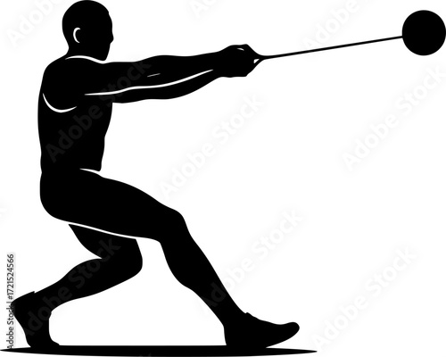 Black and white vector silhouette of hammer thrower releasing hammer, powerful athletic motion captured in minimalist dynamic design for creative projects