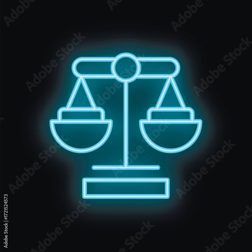 Blue neon scales glowing on a black background, symbolizing the concept of justice, law, and balance