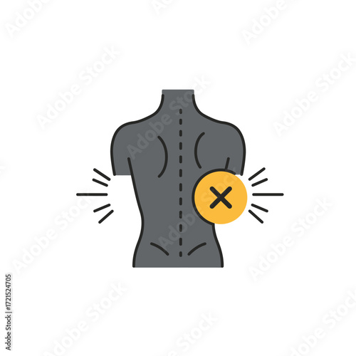 An illustrative icon depicting a human back with spinal issues, featuring a cross mark to signify pain, injury, or an incorrect posture, emphasizing health concerns.