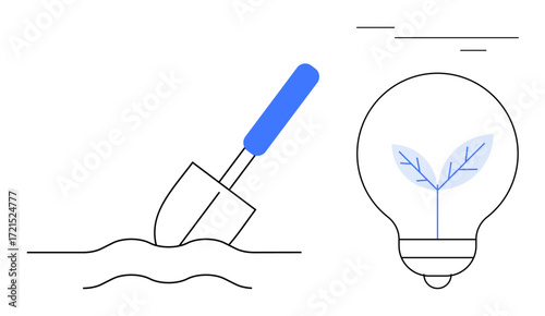 Spade digging soil next to light bulb featuring a sprouting plant. Ideal for innovation, growth, sustainability, eco-friendly solutions, renewable energy, agriculture, creativity. Minimalistic flat
