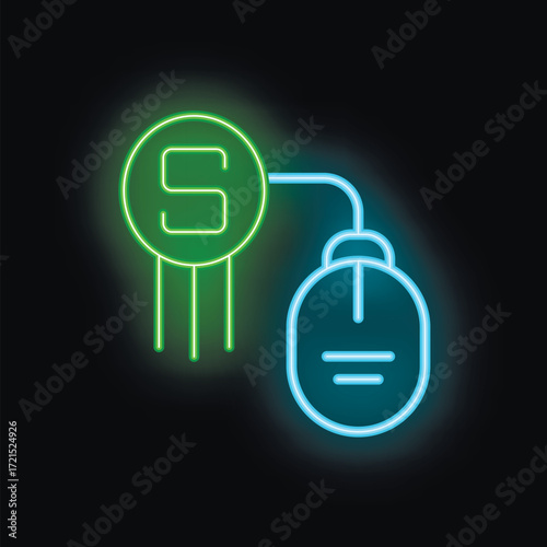 Neon icon representing online payment concept with glowing mouse and server