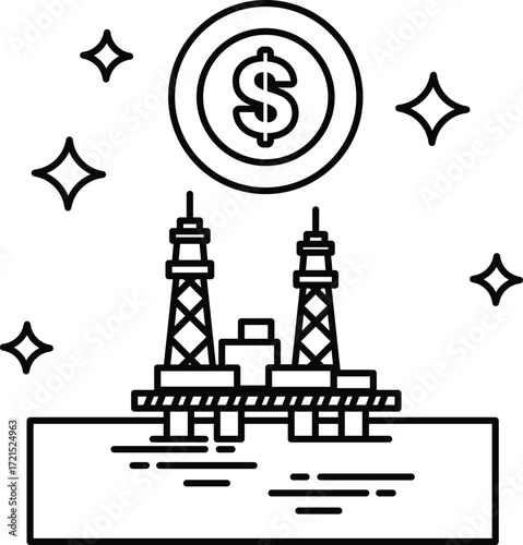 A black and white drawing of a dollar sign and a coin with a dollar sign on top
