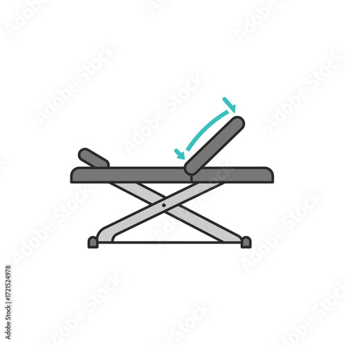 A minimalist vector illustration presents an adjustable medical or massage table, highlighting its movable backrest for optimal patient comfort during treatments.