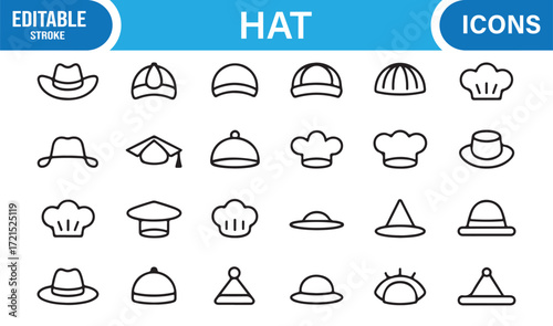 Beanies, party hats, and baseball caps vector icons in simple stroke style.
