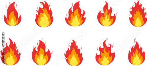 Set of realistic fire flame icons isolated on white