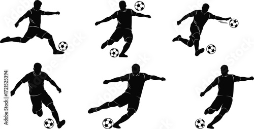 Soccer player silhouette collection, various black and white dynamic action poses with a football, kicking, running and dribbling the ball.