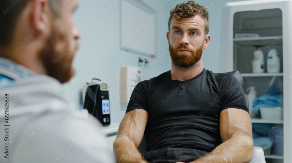 Obraz premium A focused athlete clarifies health concerns with a doctor, highlighting the collaboration between sports and medical fields to ensure optimal performance and preventive care.