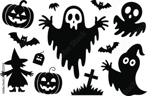 Halloween silhouette illustration, ghosts witches pumpkins bats gravestones spooky icons white background, festive design with math prompt, vector clipart