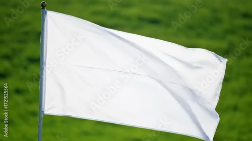 White Flag Gently Waving in the Wind Against a Soft Green Blurred Background