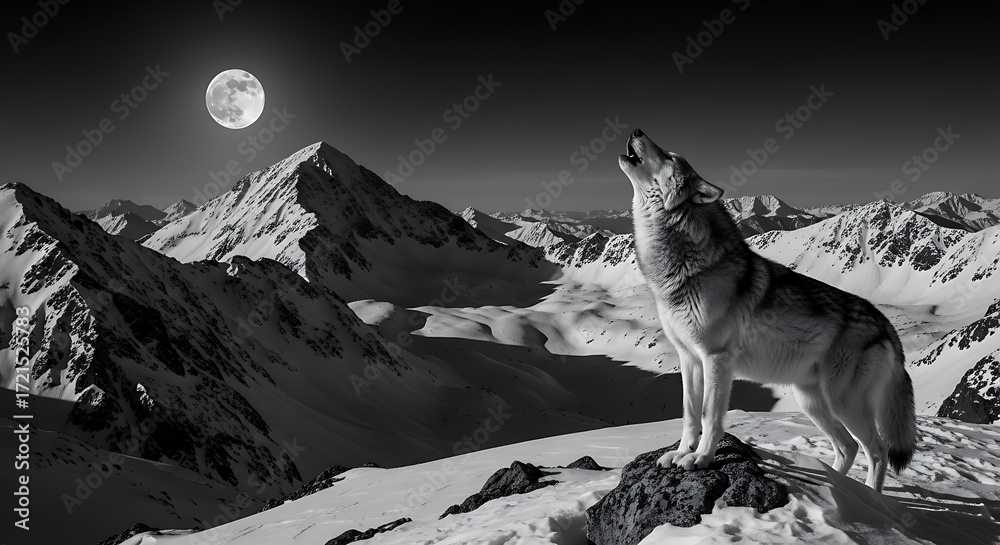 Obraz premium Majestic Wolf Howls at the Moonlit Mountain.