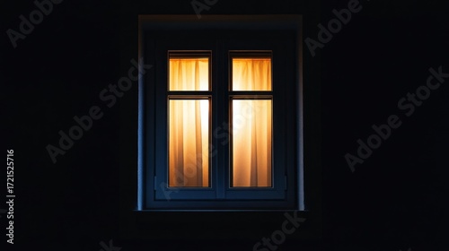 Illuminated window at night, dark exterior, soft light, warm glow