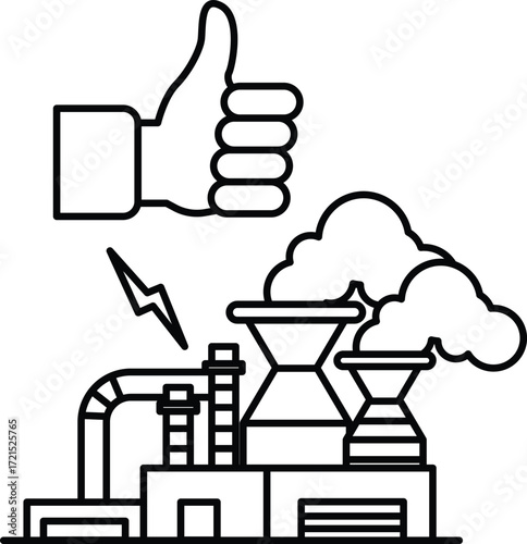 A thumbs up sign is above a factory with a lot of smoke coming out of it