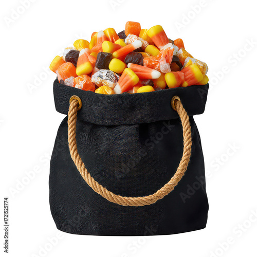 Joyful trick or treat candy bag full of sweet candy corn, isolated on transparency background. This festive halloween bucket overflows with autumn treats for fun celebration