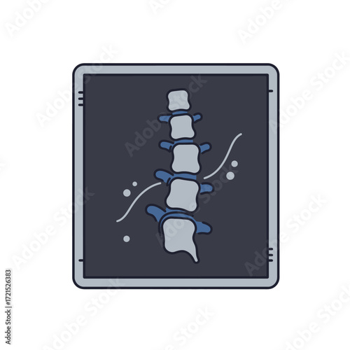 A stylized X-ray illustration depicts the human spinal column, showcasing individual vertebrae and potential areas of discomfort or medical concern.