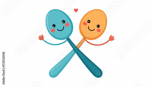 Adorable blue and orange spoons embracing each other with a smile. A sweet and charming illustration of love and togetherness isolated on white