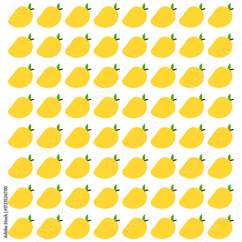 Seamless pattern vector illustration featuring uniform mangoes with bright yellow-orange skin and green leaves, creating a fresh, tropical, and playful design ideal for food, farm, and nature projects