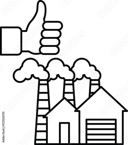 A thumbs up sign is above a factory with smoke coming out of it