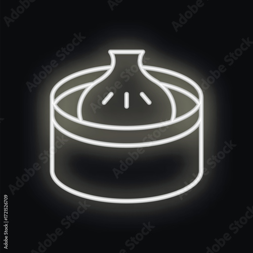 White neon icon of a bamboo steamer containing a bao bun, glowing on a black background