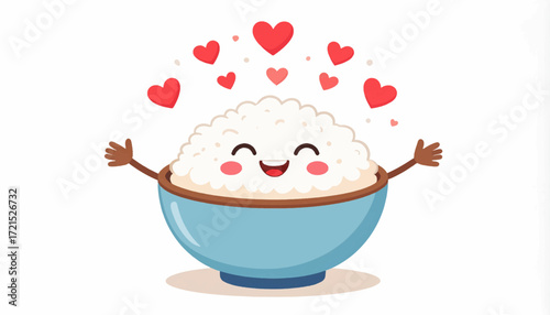 Adorable cartoon bowl of fluffy white rice radiating pure happiness and warmth, surrounded by a cascade of floating hearts, a delightful illustration symbolizing comfort and culinary joy