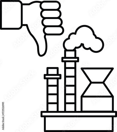 A hand is giving a thumbs down to a factory