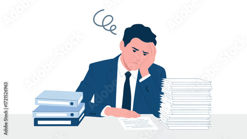 Vector art of tired businessman overwhelmed with paperwork