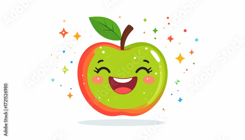 Cheerful Apple Cartoon Illustration with Smiling Face, Green and Red Color, Sparkle and Fun