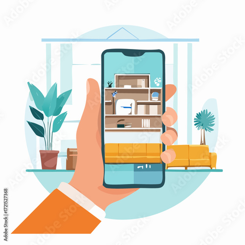 Hand Holding Smartphone Showing Augmented Reality Room Design