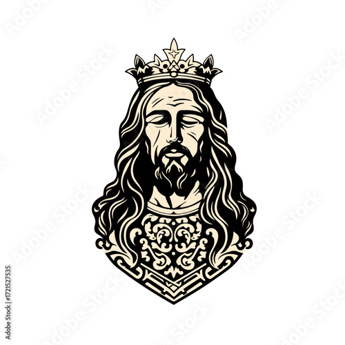 Majestic depiction of Jesus Christ crowned king, radiating divine peace and spiritual authority with serene expression and ornate details