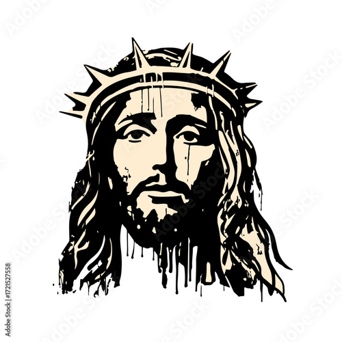 Powerful portrayal of Jesus Christ's face with a crown of thorns, conveying deep emotion and spiritual significance for impactful designs.