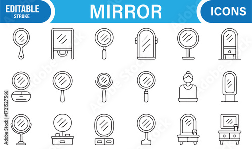 Vanity and decorative mirror icon pack in clean line art illustrations.