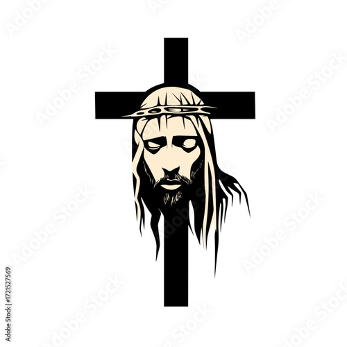 Iconic Jesus Christ face with crown of thorns superimposed on a Christian cross, symbolizing faith, sacrifice, and redemption in a powerful graphic.