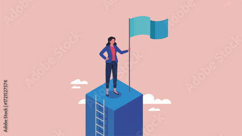 Vector art of woman standing on platform holding flag
