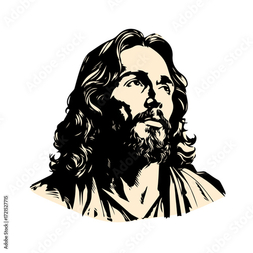 Inspirational portrait of a man with flowing hair and beard looking upwards with a serene expression, evoking hope and spirituality.