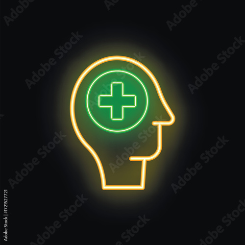 Neon glowing icon of a human head with a green medical cross inside, symbolizing healthcare and well being