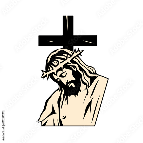 Sorrowful Jesus Christ wearing crown of thorns with a cross behind, evoking faith and devotion for spiritual occasions