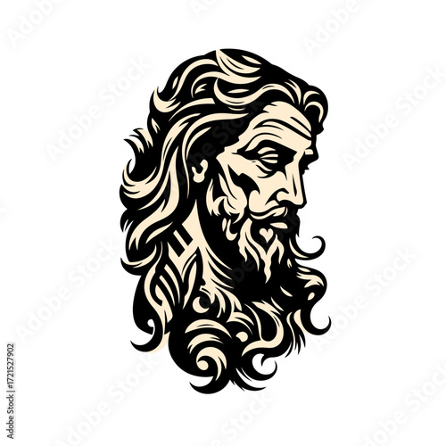 Majestic ancient Greek god profile with flowing hair and beard, embodying power and wisdom, perfect for epic storytelling.